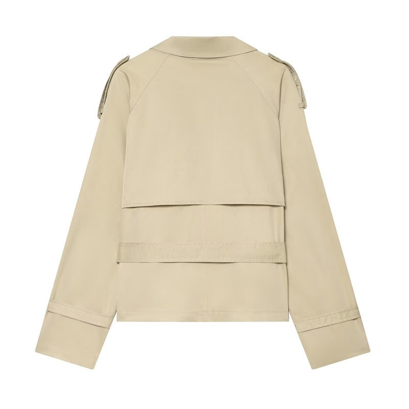 Damen Kurzer Boxy-Trench mit Doppelreiher, Taillengürtel und Schulterklappen Drune