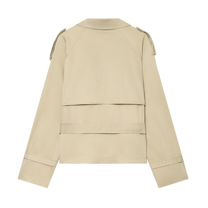 Damen Kurzer Boxy-Trench mit Doppelreiher, Taillengürtel und Schulterklappen Drune
