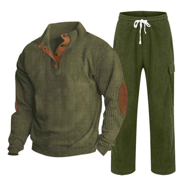 Herren nan strukturiertes Feinstrick-Halbknopf-Pullover und Feincord-Cargo-Zweiteiler Drune