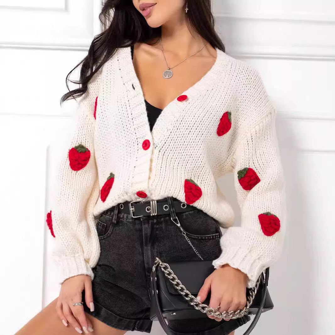 Damen Strickjacke mit fruchtigen Applikationen und modernen Knopfdetails Drune