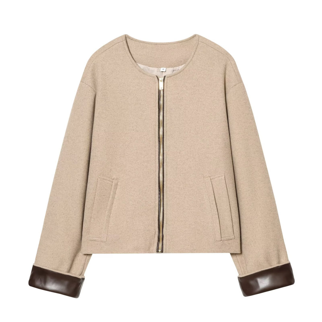 Damen Kurzjacke im Boxy‑Cropped‑Wollmix mit sichtbarem Metallreißverschluss und Kontrastmanschetten Drune