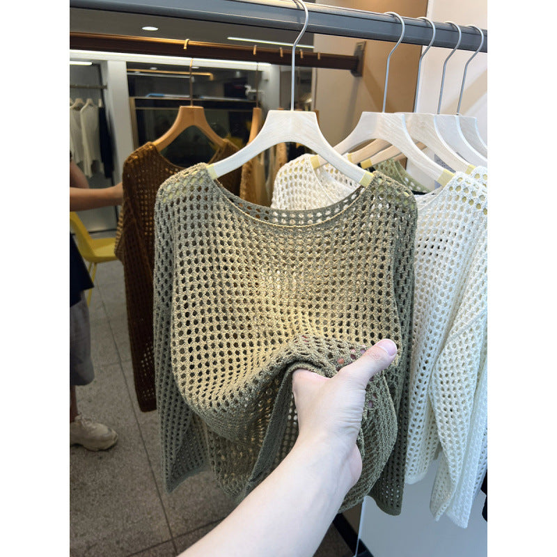 Damen luftiger Strickpullover mit grobem Netzmuster Drune