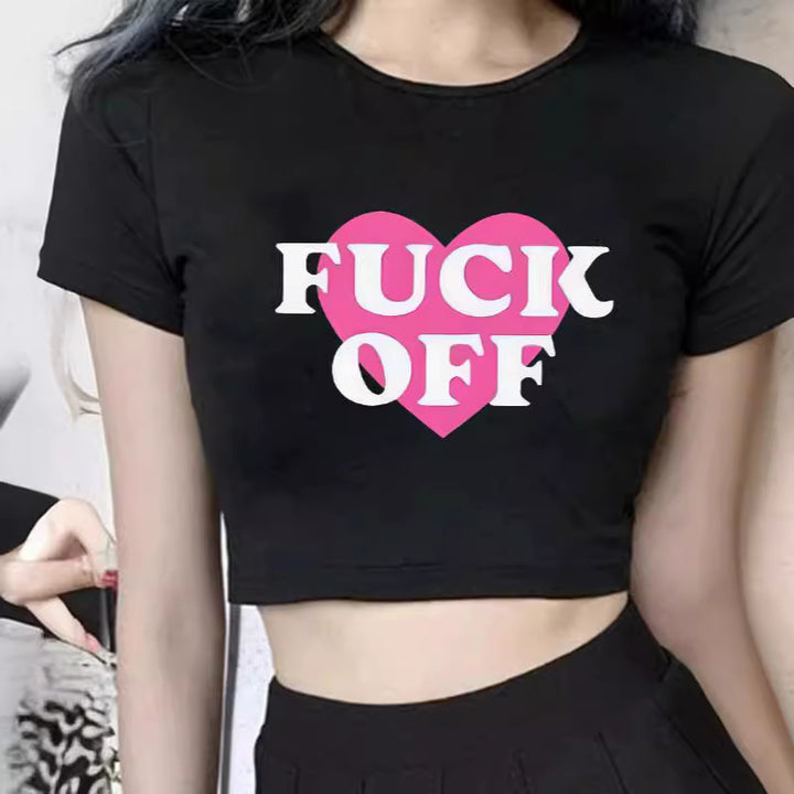 Damen figurbetontes Kurzarm-T-Shirt mit verspieltem Aufdruck Drune