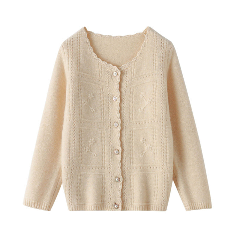 Damen Verzierter Strickcardigan mit Perlenknöpfen und Ajour‑Stickerei Drune
