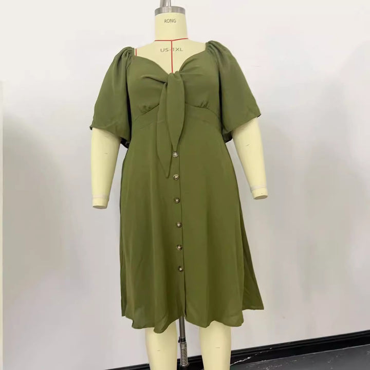 Damen A-Linien Midikleid mit Knoten-Detail, Puffärmeln und Knopfleiste Drune