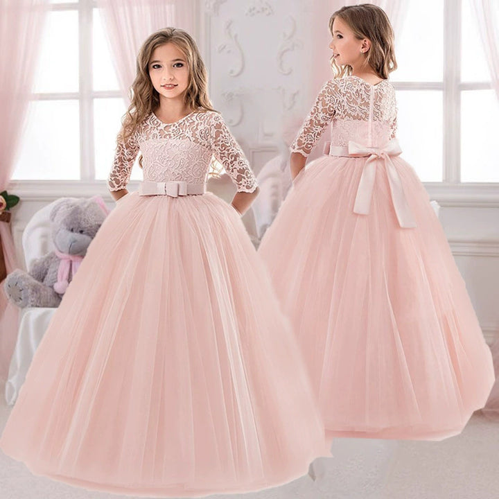Mädchen Festliches Tüllkleid mit Spitzenoberteil und Taillengürtel Drune