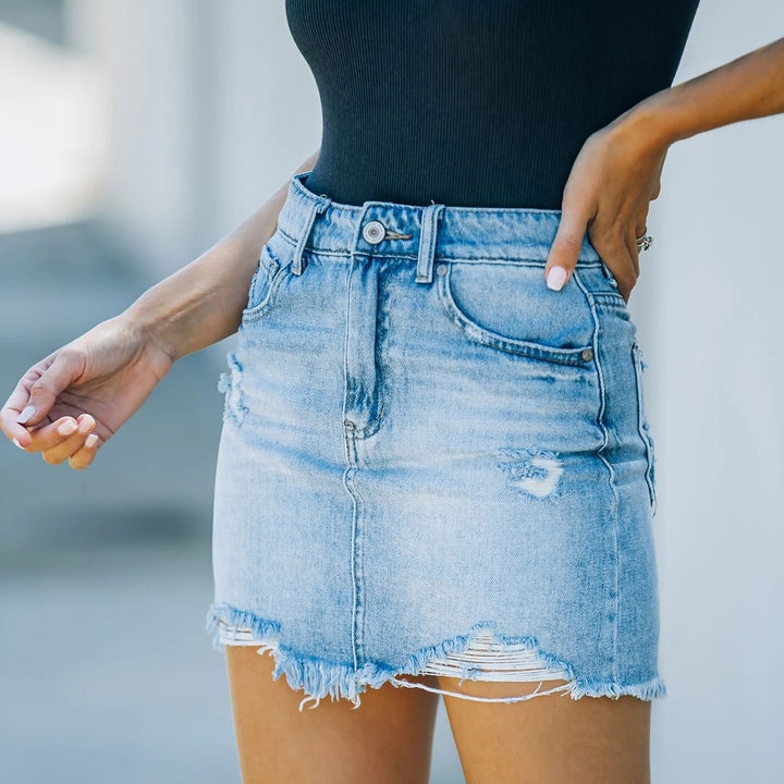 Damen Rippstrick-Bodysuit mit zerrissener Denim-Minirock Drune