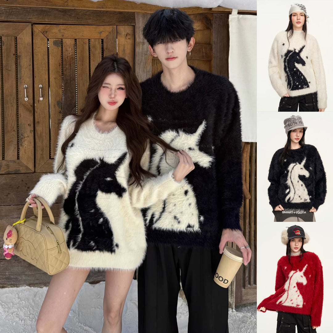 Damen Gemütlicher Grobstrickpullover mit Einhornmotiv Drune