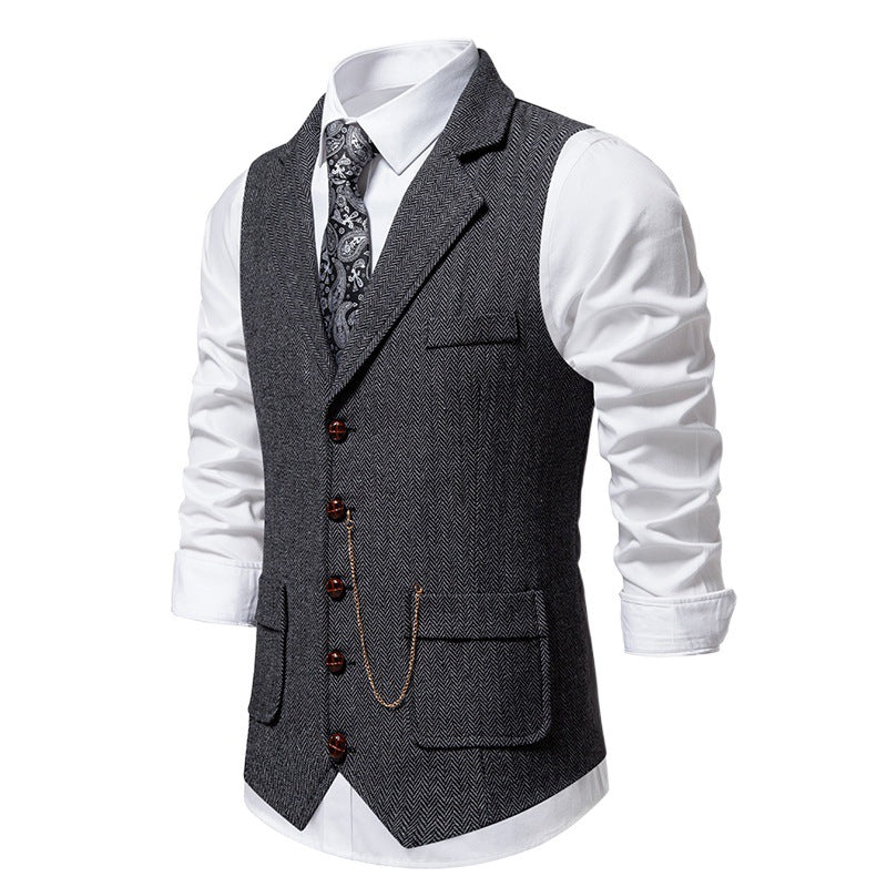 Herren nan Vintage-Weste mit Reverskragen Uhrenkette und Brusttasche Drune