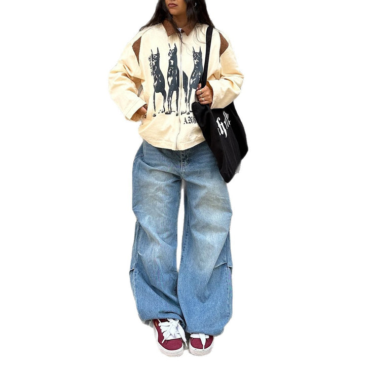 Damen Streetwear-Jacke mit einzigartigem Hunde-Print und lässigen Schnitten Drune