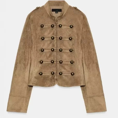 Damen Cropped Velourslederblouson im Military‑Look mit dekorativer Paradeknopfleiste Drune