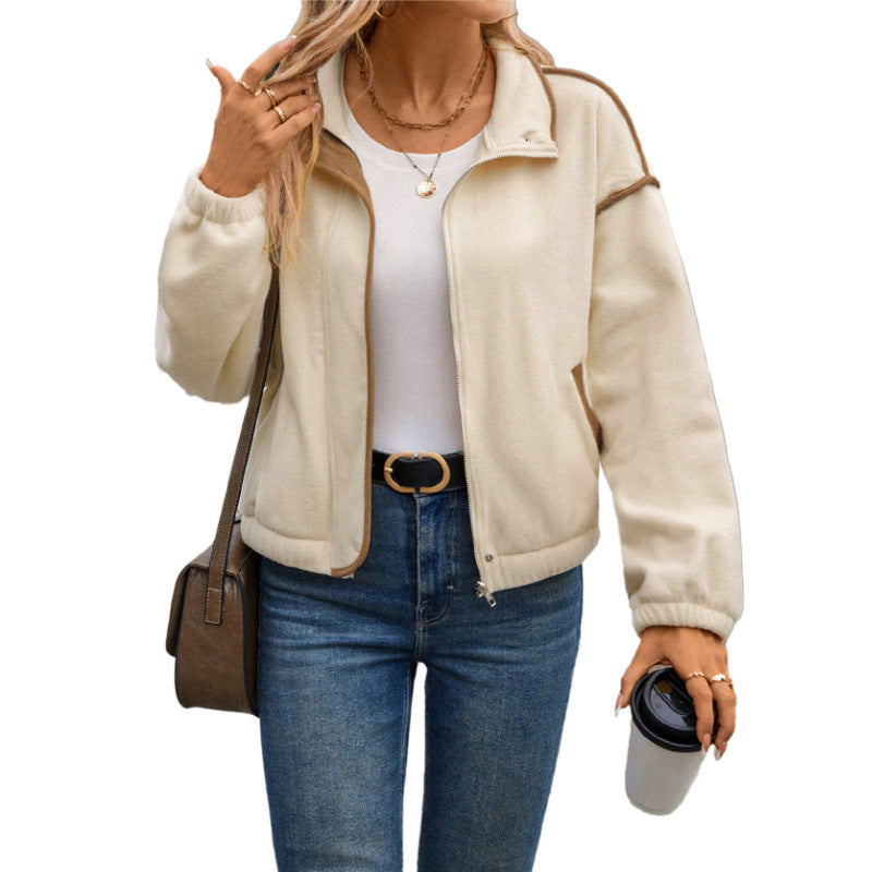Damen Kurzjacke aus Teddy-Fleece mit Stehkragen, Kontrastpaspel und Reißverschluss Drune