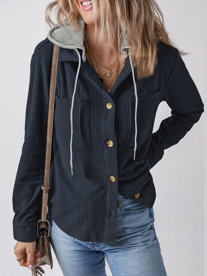 Damen Gerippte Hemdjacke mit Kapuze, Knopfleiste und aufgesetzten Taschen Drune