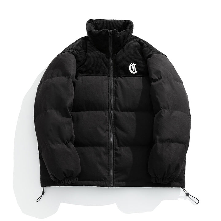 Damen Kurz geschnittene wattierte Steppjacke mit Cord-Schulterbesatz und hohem Stehkragen Drune