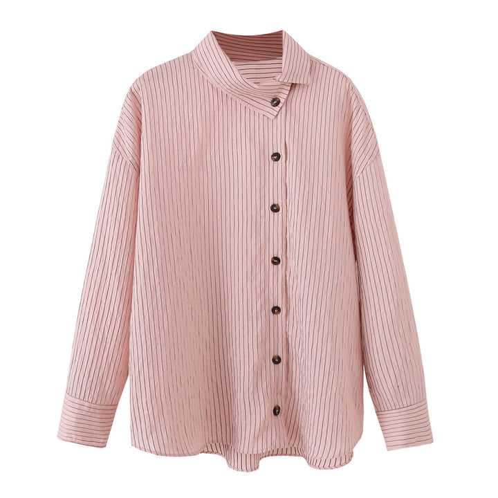 Damen Oversize-Bluse mit Stehkragen, feinen Nadelstreifen und durchgehender Knopfleiste Drune