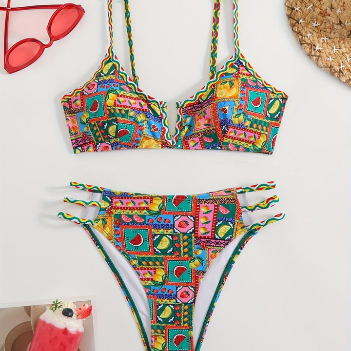 Damen Bikini-Set mit buntem Fruchtmuster und raffinierten Trägerdetails Drune