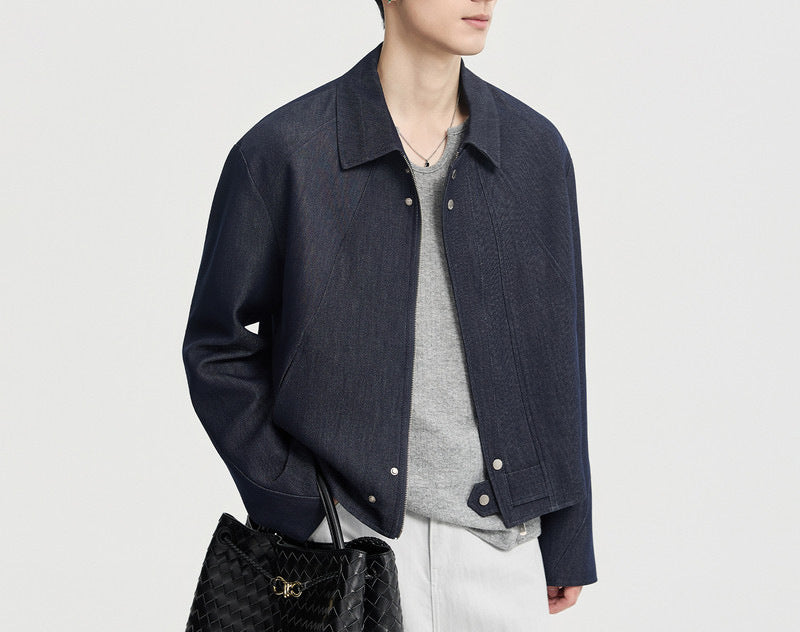 Herren Boxy-Jeansjacke im Minimalstil mit Hemdkragen und verdeckter Druckknopfblende Drune