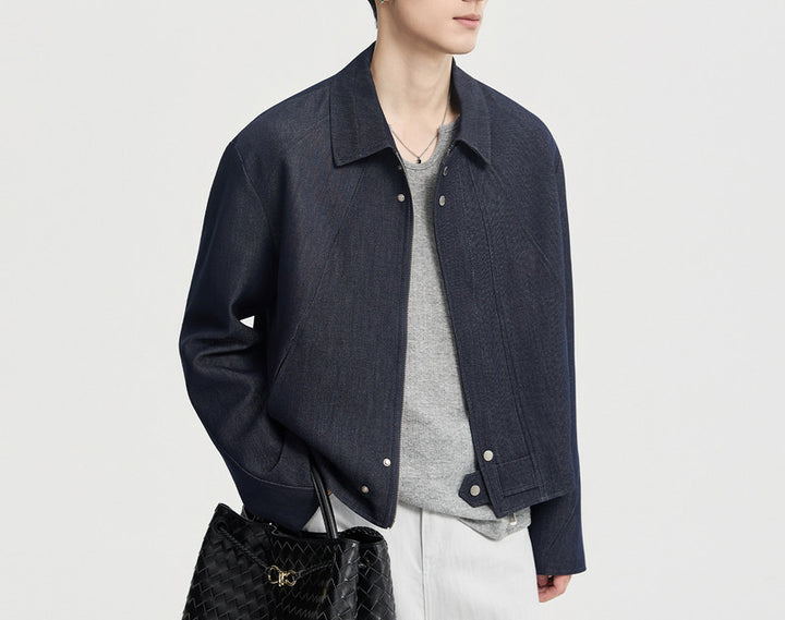 Herren Boxy-Jeansjacke im Minimalstil mit Hemdkragen und verdeckter Druckknopfblende Drune