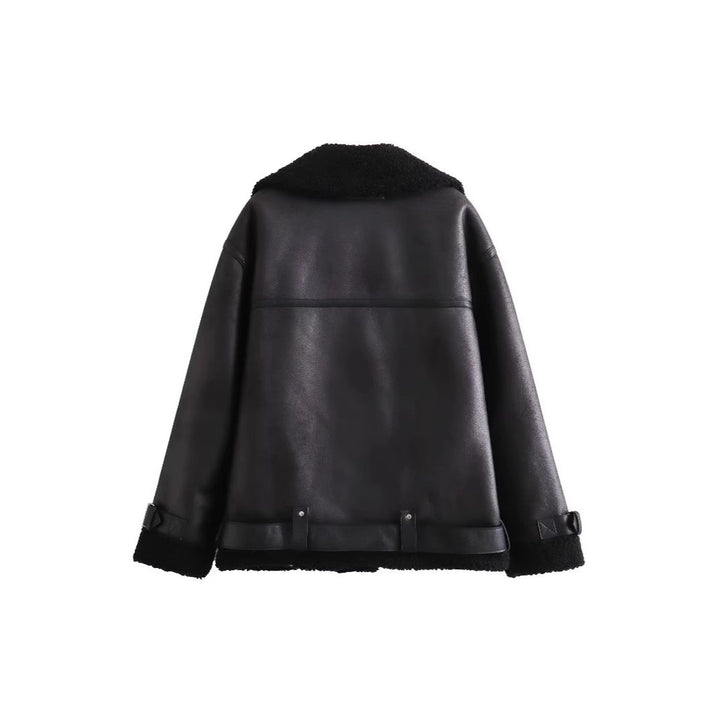 Damen Fliegerjacke im Bikerstil mit Teddyfutter, Kunstlederbesatz und Taillengürtel Drune