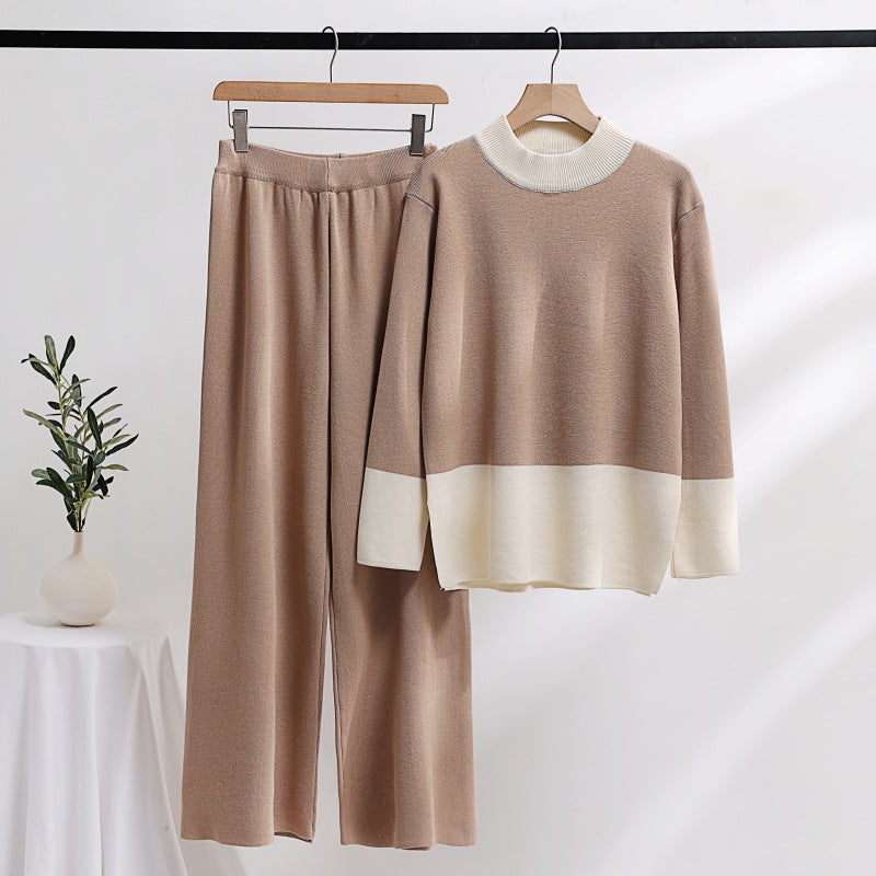 Damen elegantes Strick-Loungewear-Set mit weitem Bund und dekorativem Kragen Drune