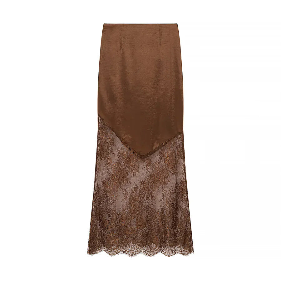 Damen nan Maxirock mit transparentem Spitzenunterteil und asymmetrischem Satin-Overlayer Drune