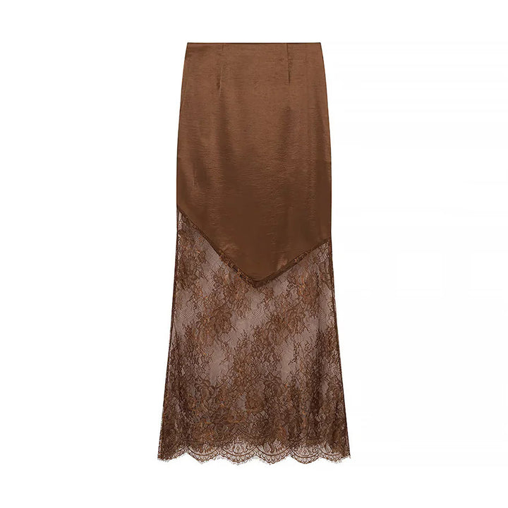Damen nan Maxirock mit transparentem Spitzenunterteil und asymmetrischem Satin-Overlayer Drune