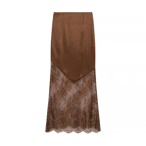 Damen nan Maxirock mit transparentem Spitzenunterteil und asymmetrischem Satin-Overlayer Drune