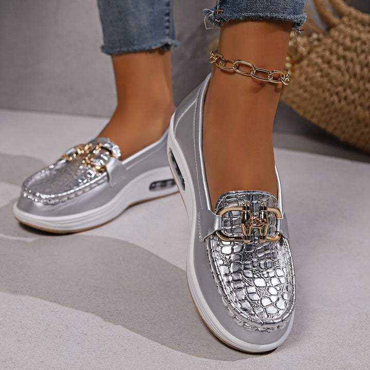 Damen nan modische Plateau-Slipper Loafer mit Krokoprägung, gepolstertem Komfortfußbett und goldener Zierkette Drune