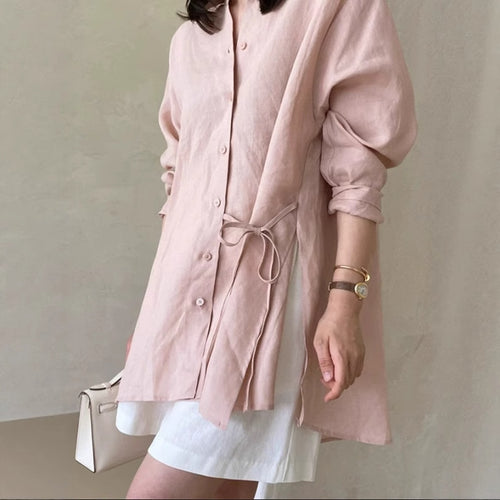 Damen Locker geschnittene Leinen‑Hemdbluse mit Stehkragen, Tunnelzug‑Taille und durchgehender Knopfleiste Drune
