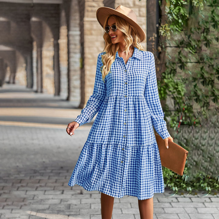 Damen karierte Midi-Bluse mit Knopfleiste und ausgestelltem Rock Drune