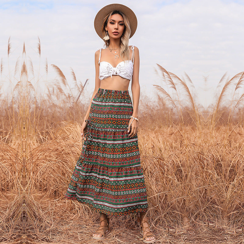 Damen Maxi-Stufenrock mit elastischem Taillenbund, seitlichen Knotendetails und Ethno-Print Drune