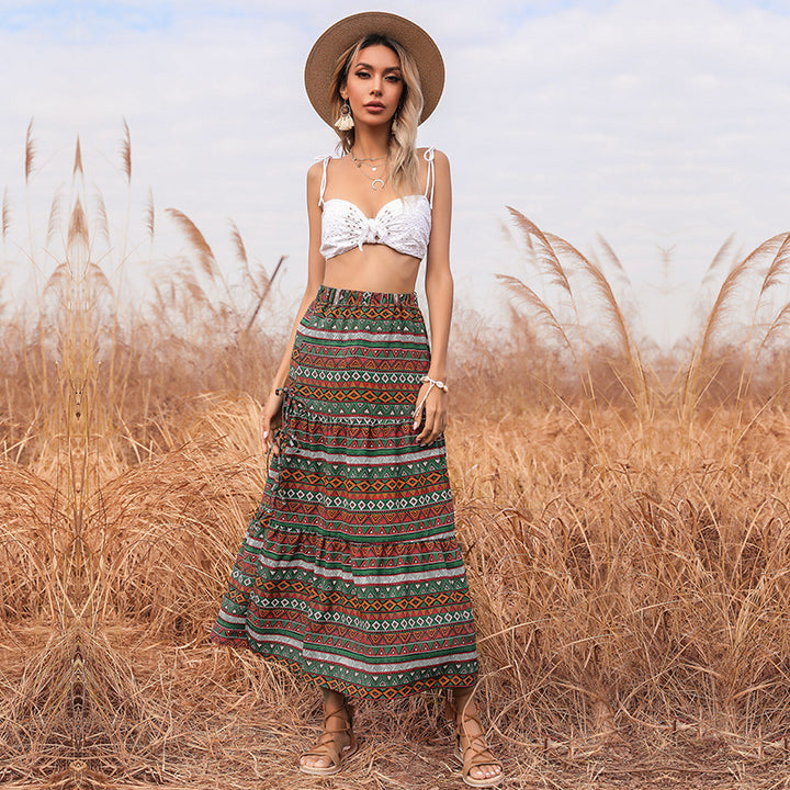 Damen Maxi-Stufenrock mit elastischem Taillenbund, seitlichen Knotendetails und Ethno-Print Drune