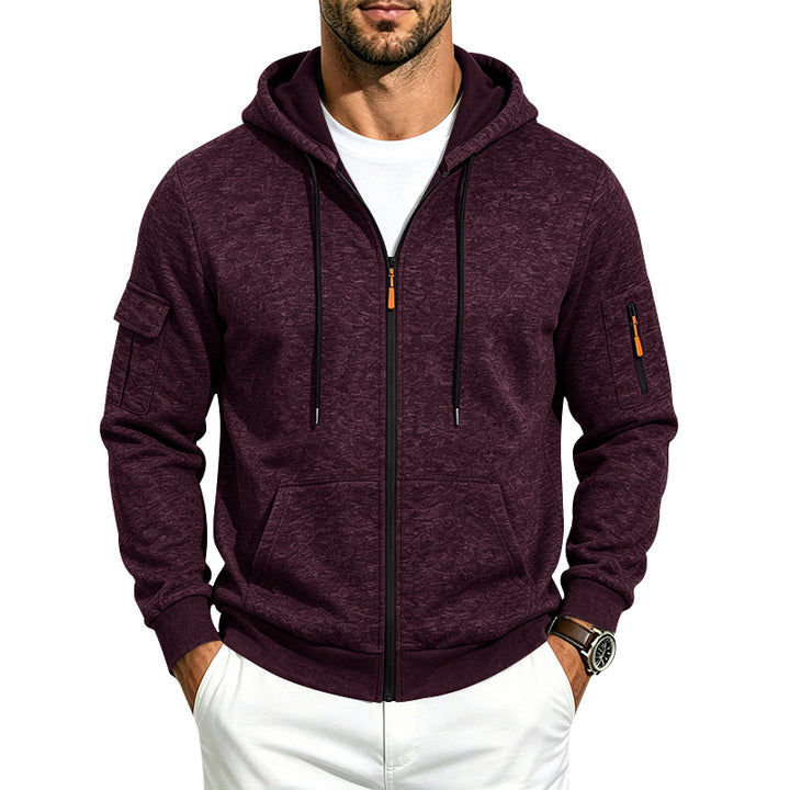 Herren Melierte Zip‑Hoodie‑Jacke mit Utility‑Ärmeltasche und Känguru‑Taschen Drune