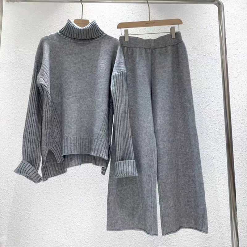Damen modisches Strickset mit hohem Kragen und weitem Bein Drune
