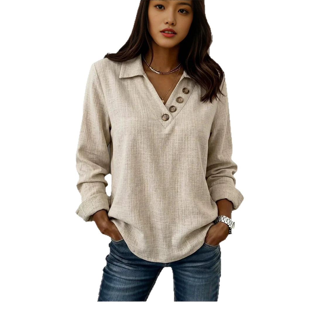 Damen Lässiges V-Ausschnitt-Blusenshirt mit Hemdkragen und asymmetrischer Zierknopfleiste Drune