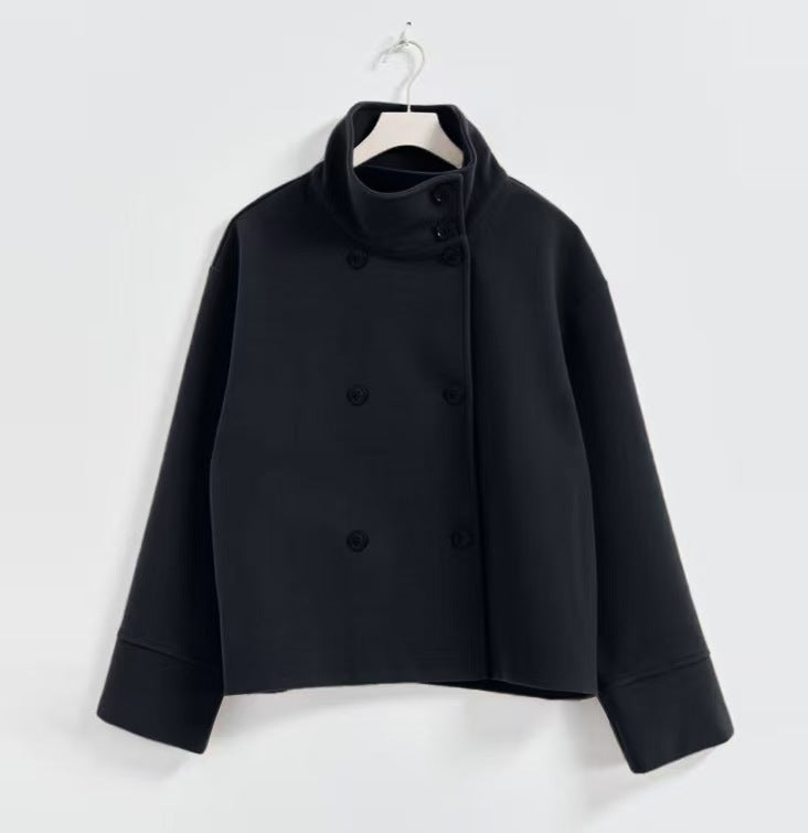 Damen Modische Cropped Jacke mit hohem Kragen und doppelter Knopfleiste Drune