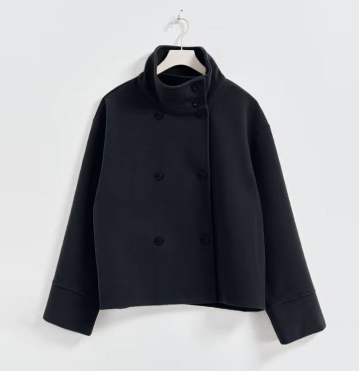 Damen Modische Cropped Jacke mit hohem Kragen und doppelter Knopfleiste Drune
