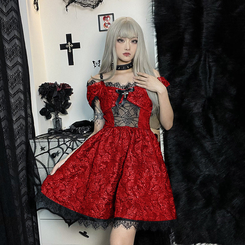 Damen Gothisches Spitzenkleid mit transparenten Einsätzen und Rüschendetails Drune