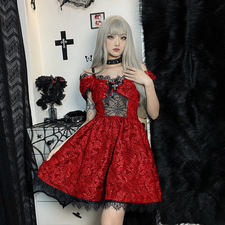Damen Gothisches Spitzenkleid mit transparenten Einsätzen und Rüschendetails Drune