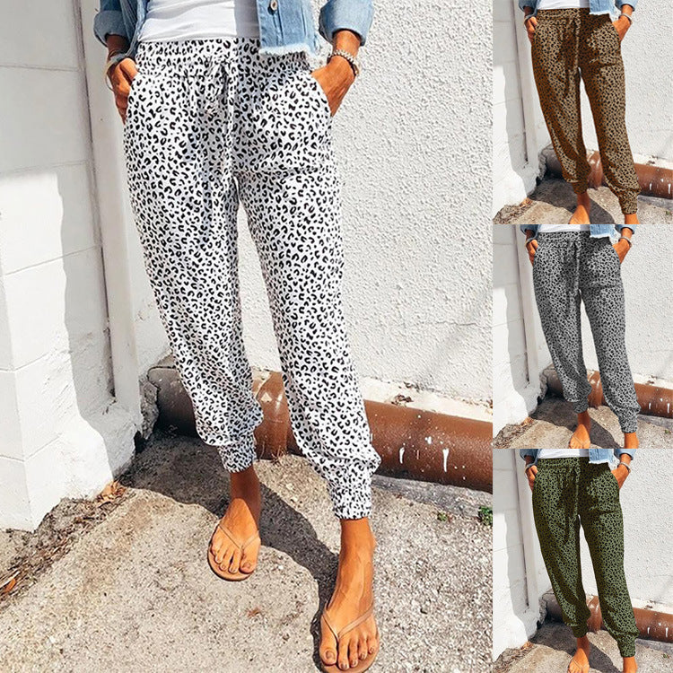 Damen nan lässige Leoparden-Print Jogginghose mit Tunnelzug, Eingrifftaschen und elastischen Bündchen Drune