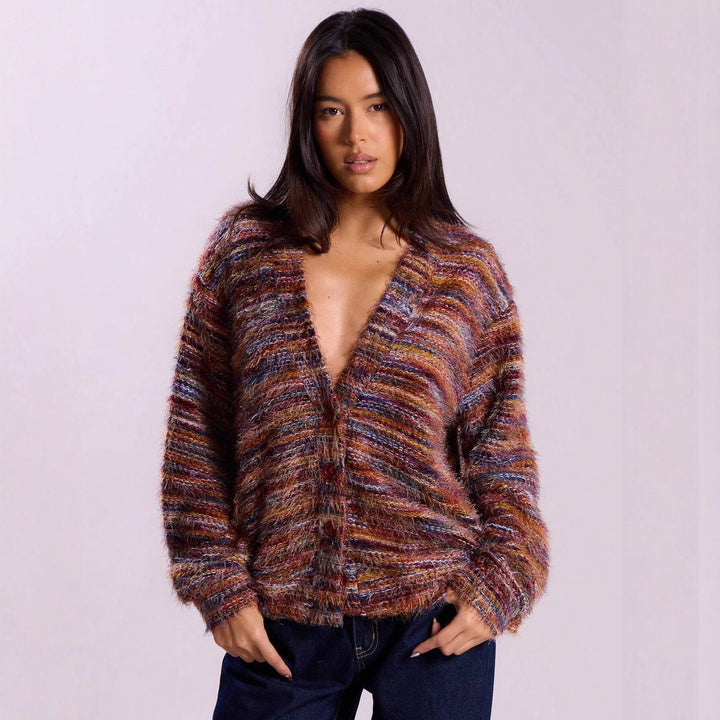 Damen lässiger Cardigan aus Flauschigem Strukturgewebe Drune