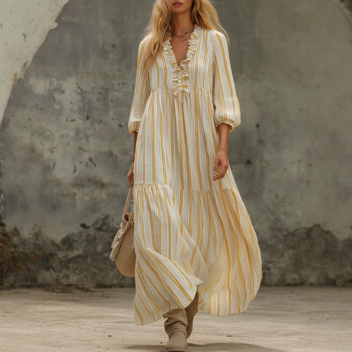 Damen Maxikleid mit Rüschen-V-Ausschnitt und Ballonärmeln Drune