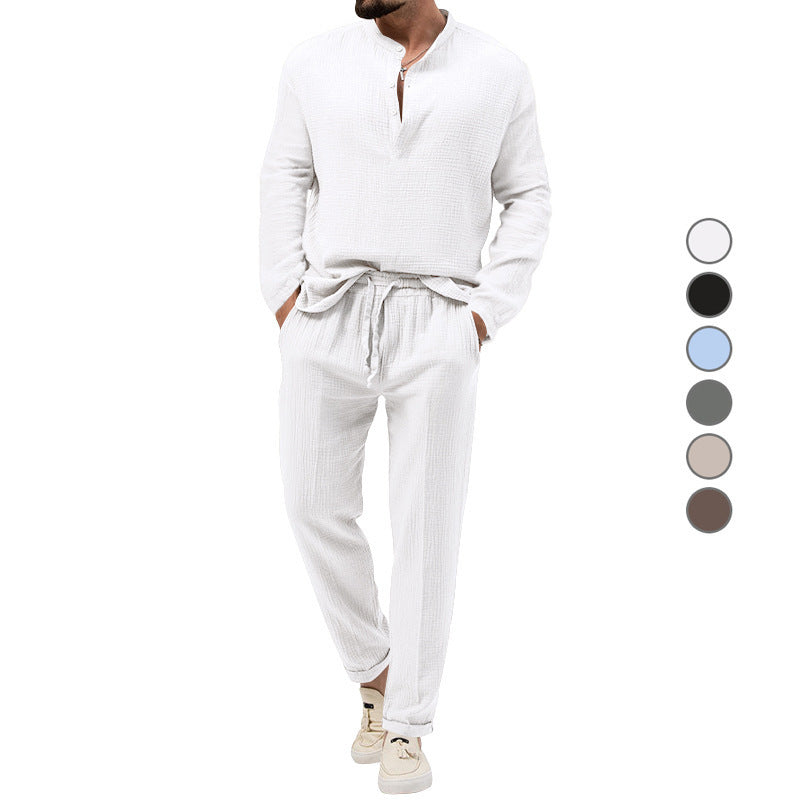 Herren Lässiges Zweiteiliges Lounge-Set aus Baumwoll-Gauze mit Henley-Oberteil und Tunnelzug-Hose Drune