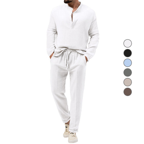 Herren Lässiges Zweiteiliges Lounge-Set aus Baumwoll-Gauze mit Henley-Oberteil und Tunnelzug-Hose Drune