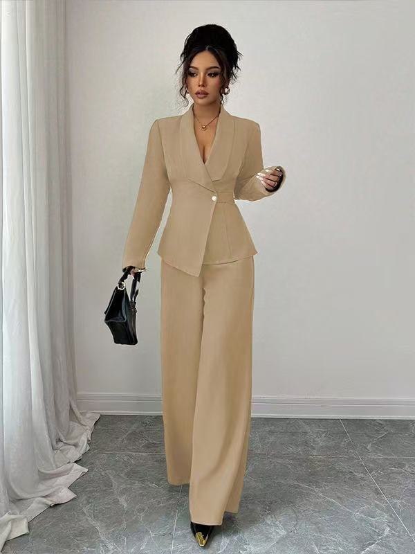 Damen tailliertes Hosenanzug-Set mit asymmetrischem Blazer und weitem Bein Drune