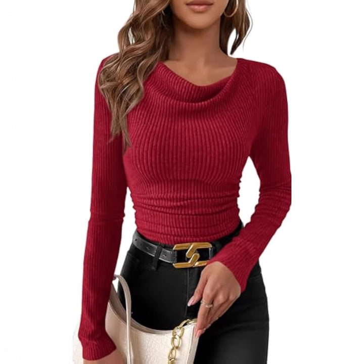 Damen Figurbetontes Feinripp-Longsleeve mit asymmetrischem Wasserfallkragen Drune