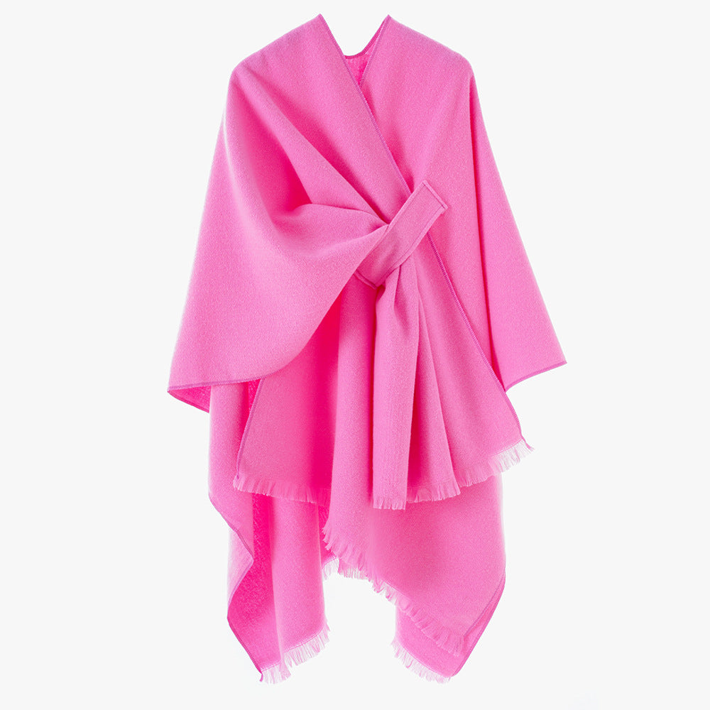 Damen Strickponcho mit geometrischem Blockmuster und Fransen Drune
