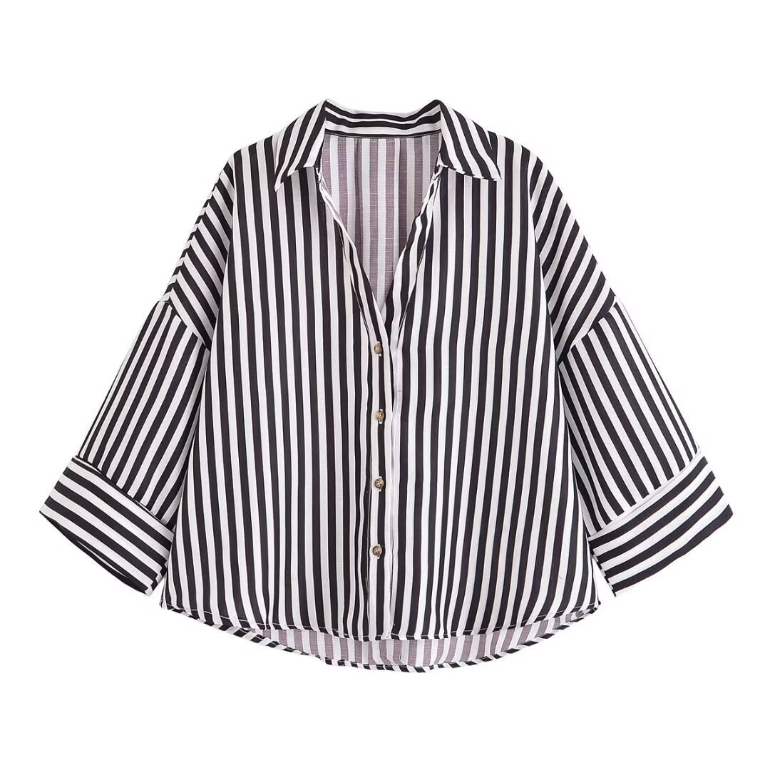 Damen nan lockere oversized Hemdbluse mit weitem Kragen und Dreiviertelärmeln Drune
