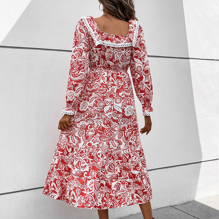 Damen Midikleid im Paisley-Print mit Spitzenvolant, quadratischem Ausschnitt und elastischer Taillennaht Drune