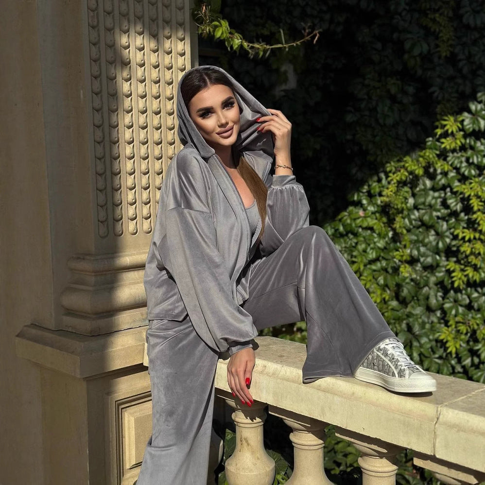 Damen Cropped Samt-Hoodie mit weitem Arm und High-Waist Jogginghose im Lounge-Set Drune